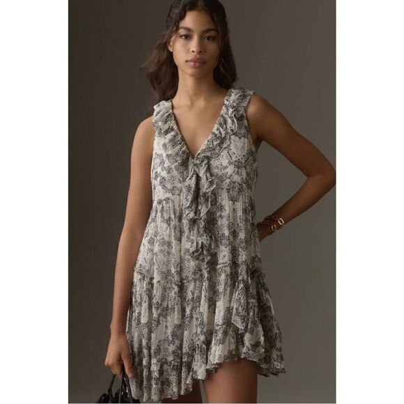 NEW By Anthropologie Sleeveless V-Neck Romantic Ruffle Mini Dress Small Petite - Picture 1 of 8